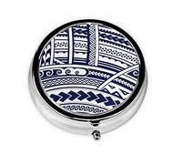 Blue Polynesian Maori Tribal Pattern Print Round Pill Organizer 3 Compartment Pill Box Portable Medicine Pill Case for Outdoor Travel
