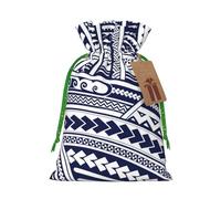 (Blue Polynesian Maori Tribal Pattern) Printed Christmas M Size Gift Bags with Green Ribbon Drawstring Candy Bags for Kids Xmas Holiday Christmas Eve Presents