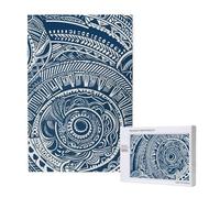 Blue Polynesian Maori Tribal Pattern Printed Jigsaw Puzzle with Storage Box, Wooden Puzzle for Adults and Kids, 1000 Pieces Family Fun Decorative Game