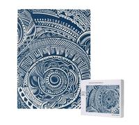 Blue Polynesian Maori Tribal Pattern Printed Jigsaw Puzzle with Storage Box, Wooden Puzzle for Adults and Kids, 500 Pieces Family Fun Decorative Game