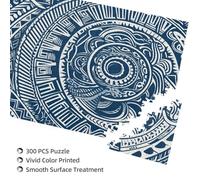 Blue Polynesian Maori Tribal Pattern Printed Jigsaw Puzzle with Storage Box, Wooden Puzzle for Adults and Kids, 300 Pieces Family Fun Decorative Game