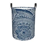 Blue Polynesian Maori Tribal Pattern Round Single-Layer Laundry Basket With Handles, Water-Resistant Oxford Fabric Hamper For Bedroom, Bathroom, Kitchen Storage