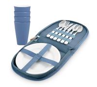 Blue Pool Camping Cutlery Set for 2, Picnic Set 12 Piece Lightweight Compact Case with Carry Handle, Includes 2 x Plates, 4 x Tumblers, 2 x Cutlery