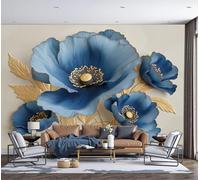 Blue Poppy 3D Relief Wallpaper Modern Art Decoration Non-Woven Mural 300×210 Cm Beige Wallpaper Living Room Home Decoration Wall Murals Suitable for Bedroom