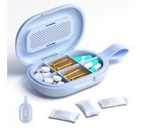 Blue Portable Pill Organiser with Handle - Small Travel Pill Box with Moisture-Proof Desiccant Storage, Adjustable 3-6 Compartments, Large Capacity, BPA-Free Wheat Fibre