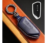 Blue Premium Genuine Leather Car Key Case Compatible with VW Volkswagen Golf 8 Cupra Formentor Born Seat Leon Ateca Skoda Octavia Enyaq ID3 ID4 3 buttons Car Key Protective with Keychain
