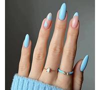 Blue Press on Nails Medium Almond Shape, KQueenest Natural Acrylic Nails Glitter Sequins Full Cover Shiny Fake Nails Designed Press-On for Women 24 Pieces