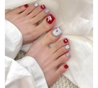 Blue Press On Toe Nails - Cute Fake Toe Nails with Bow Ice Cream Design - Red Short Square False Toenails with Glue - Removable Stick on Toenails for Women