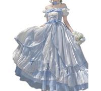 Blue Princess Lolita Dress for Women - Victorian Ball Gown with Puff Sleeves, Ruffles and Lace Cosplay Costume, White, Large