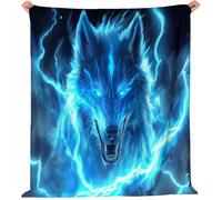 Blue Print Fleece Throw Blanket, Fantasy Art Flaming Wolf Theme Plush Sherpa Sofa Throws for Kids Boys Girls, 150 x 200 cm (59" x 79") Warm Fuzzy All Season Blankets for Holiday Bed Couch