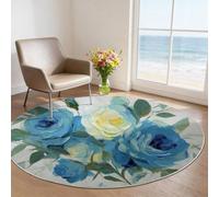 Blue Print Round Rugs 120 cm, Washable Circular Rug - Elegant Blue Plant Rose Flower Soft Circle Lightweight Non Slip Carpet for Bedroom Living Room Home Office Decor