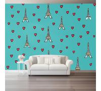 Blue Print Wall Mural, Cartoon Eiffel Tower Heart Non-Woven Wallpaper - Wall Decor for Living Room Bedroom & Office, Breathable & Easy to Install 300 x 210 cm（WxH