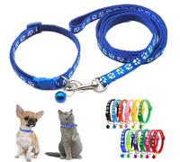Blue Puppy Lead And Collar Sets, Extra Small Dog Collar And Lead Set Pawprint Adjustable Kitten Collar With Bell For Tiny Little XXS XS Small Breed Pets Dogs Cats Girls Female