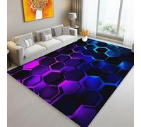 Blue-Purple Area Rug for Living Room - 40" x 63" (100 x 150 cm) Print Large Rug Anti-slip Bedroom Carpet, Abstract Neon Geometric Hexagons theme Flannel Washable Floor Mats For Bedroom Kids Room