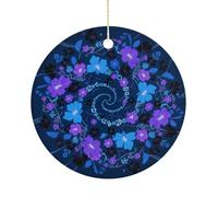 Blue - Purple - Black Floral Double-Sided Ceramic Christmas Ornaments - Round Hanging Mini Xmas Tree Decorations, Ideas for Farmers, Rustic Home Decor for Indoor Outdoor Tree Decor