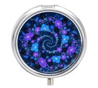Blue - Purple - Black Floral Pill Box 3-Compartment Travel Pill Organizer Portable Round Medicine Case with Mirror Design for Vitamins, Jewelry & Essentials Durable Pocket Pillbox for Purse, Camping
