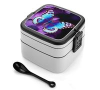 Blue Purple Butterfly Bento Box with Spoon & Handle - 2 Compartment Leak-Proof Stackable Lunch Box for Adults, BPA-Free Reusable Food Containers for Work, Travel, Picnic