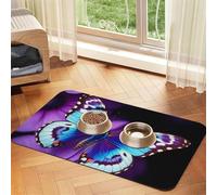 Blue Purple Butterfly Dog Food Mats for Floors, 16x24 Inch Non-Slip Super Absorbent Pet Food Mat, Dishwasher Dog Mat for Food and Water, Cute Rubber Quick Dry Pet Feeding Mat for Dogs Puppy Cats