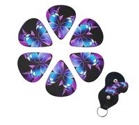 Blue Purple Butterfly Guitar Picks 6 Pack, 0.46mm Thickness Celluloid Bass Pick with Leather Guitar Pick Holder Keychain Abstract Art Pics Plectrum for Acoustic Electric Guitar, Ukulele, Bass
