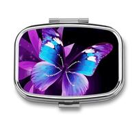 Blue Purple Butterfly Pill Box 2 Compartment Travel Pill Organizer with Mirror Design Portable Pillcase for Pocket Or Purse Square Medicine Case Weekly Medicine Container Holder for Daily Meds