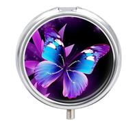 Blue Purple Butterfly Pill Box 3 Compartment Portable Round Pill Organizer Leak-Proof Lightweight Daily Compact Travel Pill Case for Vitamins Supplements Medication