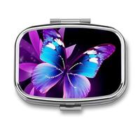 Blue Purple Butterfly Pill Case for Travel, Rectangle Metal Pill Organizer with 2 Compartments, Portable Daily Medicine Box for Purse, Wallet