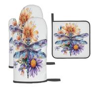 Blue Purple Dragonfly Flowers Oven Mitts and Pot Holders Heat Resistant BBQ Gloves Kitchen Gloves Hot Pads for Cooking Grilling Baking