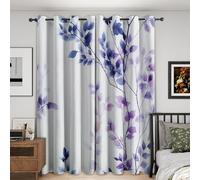 Blue Purple Floral Curtains 66x72 Inch 2 Panels, 95% Blackout, Leaf Branches Plant Curtains for Bedroom, Living Room, Home Decor, Thermal Insulated Eyelet Window Drapes FCN207