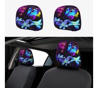 Blue Purple Flower Butterfly Car Headrest Cover 2 PCS, Funny Auto Front Seat Head Rest Protector, Universal Car Headrest Protector Elastic, Personalized Seat Cover Headrest Trim for Most Cars