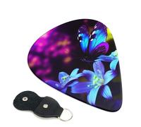 Blue Purple Flower Butterfly Guitar Picks 6 Pack with Leather Guitar Pick Holder Keychain, Plectrum Key Fob Cases Bag, Abstract Art Plectrum for Acoustic Electric Guitar, Ukulele 0.46mm