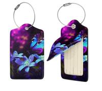Blue Purple Flower Butterfly Luggage Tags for Suitcases, 1 PU Leather Suitcase Tags Identifiers with Stainless Steel Loop, Privacy Cover ID Label with Address Card, Travel Essentials Bag Tag