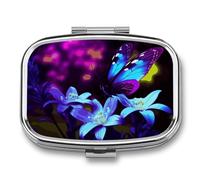 Blue Purple Flower Butterfly Pill Box 2 Compartment Pill Case Portable Pocket Pill Organizer Medicine Vitamin Organizer for Men Women