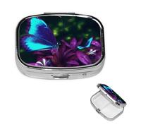 Blue Purple Flower Butterfly Pill Box 2 Compartment Square Portable Pill Case for Pocket or Purse Pill Holder Weekly Pill Organizer Decorative Metal Medicine Vitamin Organizer Travel Gift