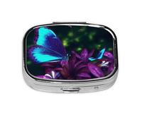 Blue Purple Flower Butterfly Pill Case 2 Compartment Pill Box Portable Metal Pill Organizer Cute Travel Pill Container Vitamin Organizer for Purse Pocket Travel Gift
