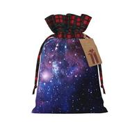 Blue & Purple Galaxy Print Festive Plaid Gift Bag, Candy Bag, Drawstring Burlap Pouch For Holiday Presents Favor-M