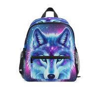 Blue Purple Galaxy Wolf Toddler Backpack for Boys Girls, Mini Preschool Backpacks with Name Tag Little Kid's Backpacks, Blue Purple Galaxy Wolf 1, 6-8 Years, Cute Backpacks