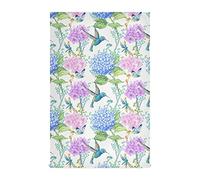 Blue Purple Hydrangea Flowers, Hummingbird Bird Green Leaves on White 1 Pack Polyester Kitchen Dish Towel, Hand Bar Tea Towels with Hanging Loop, Hemmed NapkinTowel Dishtowels Waffle Dishcloths