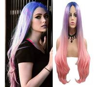 Blue Purple Pink Lace Front Wigs for Women Long Wavy 3T Colorful Synthetic Wig Heat Resistant Fiber Hair Lace Wig Dark Roots Cosplay Party Anime Christmas Gtft kCostume Halloween 24 Inch