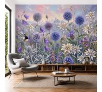 Blue-Purple Thorny Ball Flower Photo Wallpaper, Luxury Silk Wall Mural Decor Wildflowers In The Countryside Wall Sticker for Bedroom, Living Room, Sofa Backdrop Decor 350 × 256 cm, Blue-Purple
