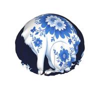 Blue Rabbit Flower Waterproof Reusable Shower Cap For Women - Elastic Hair Cover For Bath, Spa, Travel & Daily Use