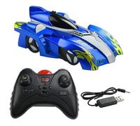 (Blue) Radio Remote Controlled RC Wall Climbing Car, 4 Channel Defy Zero Gravity Climber, USB Rechargeable Car with LED Lights Electric Toy for Kids
