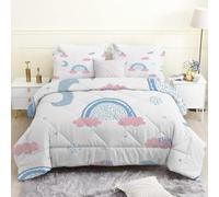 Blue Rainbows Queen Size Duvet - Coverless Duvet 4.5 Tog with Pink Clouds, Soft Lightweight Comforter Set for All Season, 1 Summer Quilt King Size 230x220cm with 2 Pillowcases, Machine Washable H36