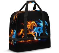 Blue Red Fiery Horse Travel Duffel Bag for Women Men, Abstract Animal Foldable Sports Gym Bag Weekend Overnight Totes Carry on Cabin Bag with Shoes Compartment