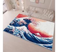 Blue Red Flannel Carpet Short Pile Soft and Skin Friendly, Japanese Illustration Waves Non-Slip Easy Clean Decor No Shedding, 80 x 150 cm Carpets Anti-Fade Room Office bedroom Gifts