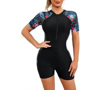 (Blue Red Flower, XXL) Women's Short/long Sleeve One-piece Swimsuit With Tropical Floral Print Zipper Front Rash Guard Bathing Suit Beachwear_cc