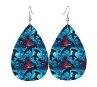 Blue Red Hammerhead Sharks Print Earrings for Women, Fashion Teardrop Leather Earrings for Women Trendy, Colorful Tear Drop Earring Jewelry