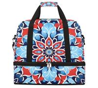 Blue Red Mandala Flower Pattern Foldable Travel Duffel Bag Expandable Gym Bag with Shoe Compartment Large Capacity Weekender Bag Carry On Tote Bag for Travel Sports Overnight Trips