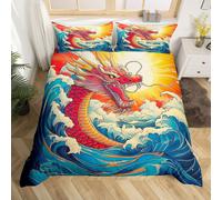 (Blue Red Yellow, Double(No Comforter)) Homewish Samurai Duvet Cover Cherry Blossoms Bedding Set Double,Japanese Style Comforter Cover Red Sunset Ink Silhouette Bed Cover for Boys Men