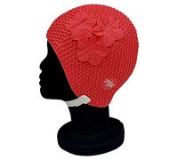 Blue Reef Oslo Bubble Solid Colour Floral Ladies Classic Retro 3 Flower Group Subtle Understated Tone On Tone 3D Petal Stylish Vintage Swimming Hat Swim Cap One Size Adults With Adjustable Strap (Red)