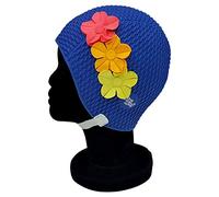 Blue Reef Paris Bubble Single Colour Floral Ladies Classic Retro 3 Flower Tropical Row 3D Petal 3 Colour Stylish Vintage Swimming Hat Swim Cap One Size Adults With Adjustable Strap (Navy Blue)